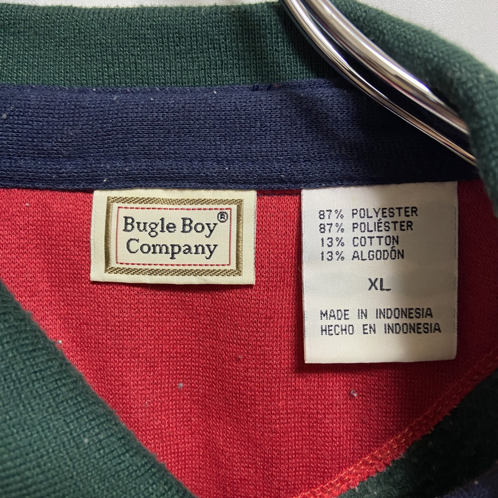 古着 used　BugleBoy ビューグルボーイ　長袖ワンポイントロゴ刺繍ポロシャツ　緑　グリーン　レトロデザイン　XLサイズ