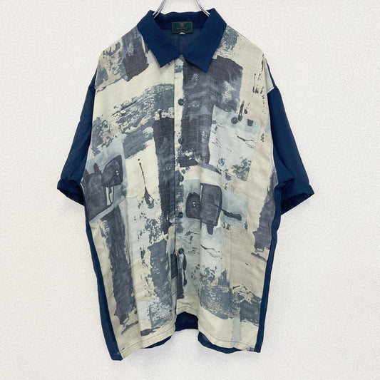 古着 used　ADONICA　半袖フロントプリント柄シャツ　総柄　カジュアルデザイン　胸ポケット　襟付き　個性的　LLサイズ
