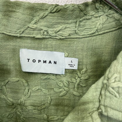 古着 used　TOPMAN　トップマン　半袖刺柄シャツ　総柄　花柄　カジュアルデザイン　胸ポケット　襟付き　個性的　Lサイズ