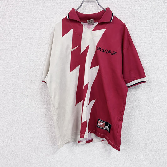 90s　NIKE　ナイキ　半袖ポロシャツ　Vネック　バイカラー　赤　レッド　白　ホワイト　Lサイズ