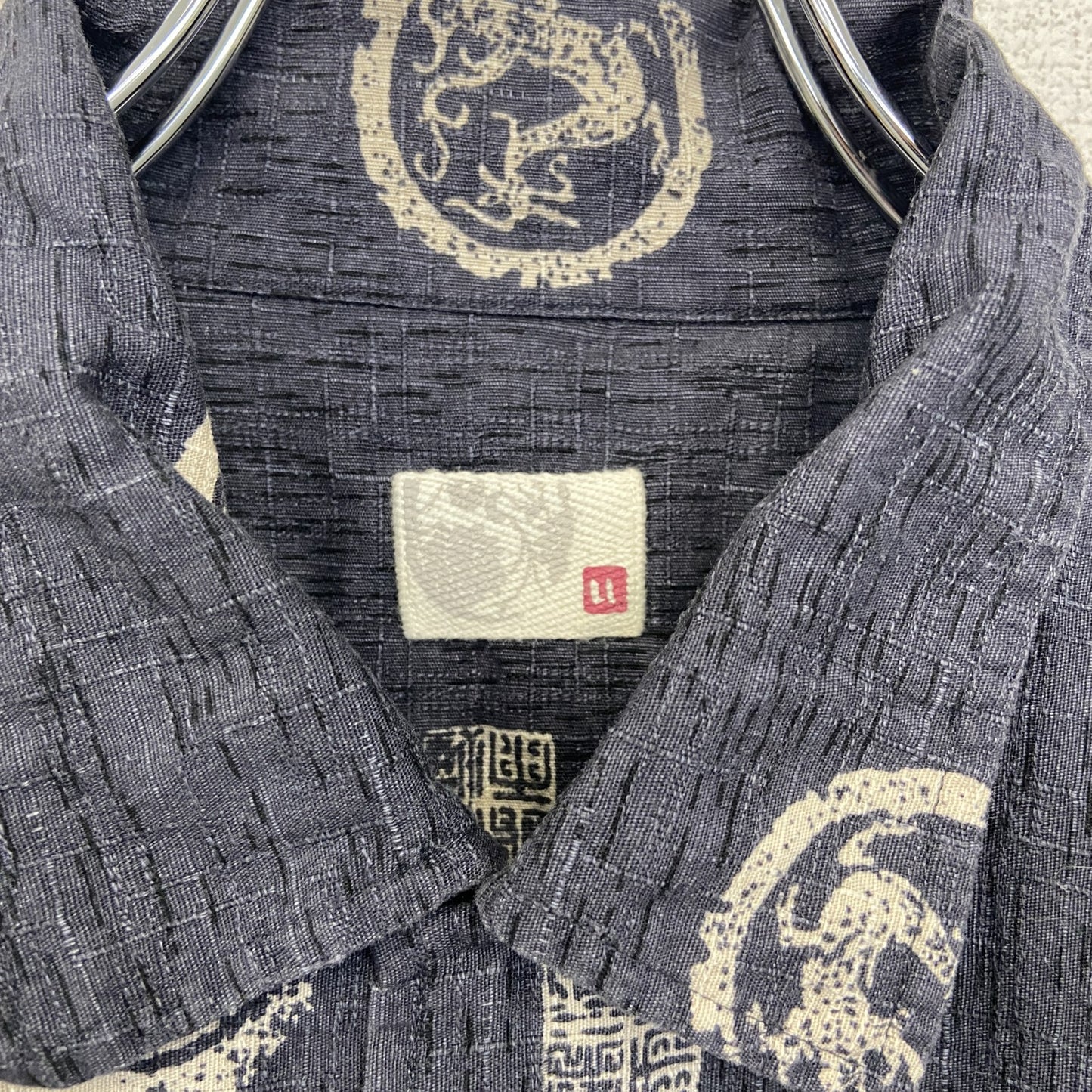 古着 used　ノーブランド　半袖プリント柄シャツ　総柄　和柄　カジュアルデザイン　胸ポケット　襟付き　個性的　LLサイズ