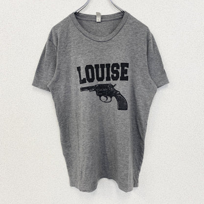 古着 used　ノーブランド　半袖プリントデザインTシャツ　ピストル　LOUISE　クルーネック　カジュアル　グレー　Mサイズ