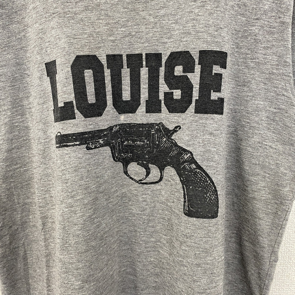 古着 used　ノーブランド　半袖プリントデザインTシャツ　ピストル　LOUISE　クルーネック　カジュアル　グレー　Mサイズ