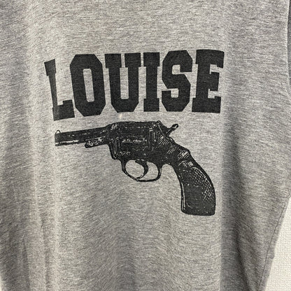 古着 used　ノーブランド　半袖プリントデザインTシャツ　ピストル　LOUISE　クルーネック　カジュアル　グレー　Mサイズ