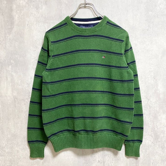 古着 used　TOMMYHILFIGER　トミーヒルフィガー　長袖ボーダー柄ニット　セーター　ワンポイント刺　緑　Sサイズ