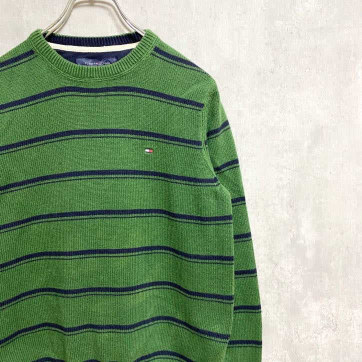 古着 used　TOMMYHILFIGER　トミーヒルフィガー　長袖ボーダー柄ニット　セーター　ワンポイント刺　緑　Sサイズ