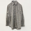 古着 used　PAO CLUB　パオ クラブ　長袖プリント柄シャツ　羽　総柄　レトロ　カジュアルデザイン　グレー　Mサイズ