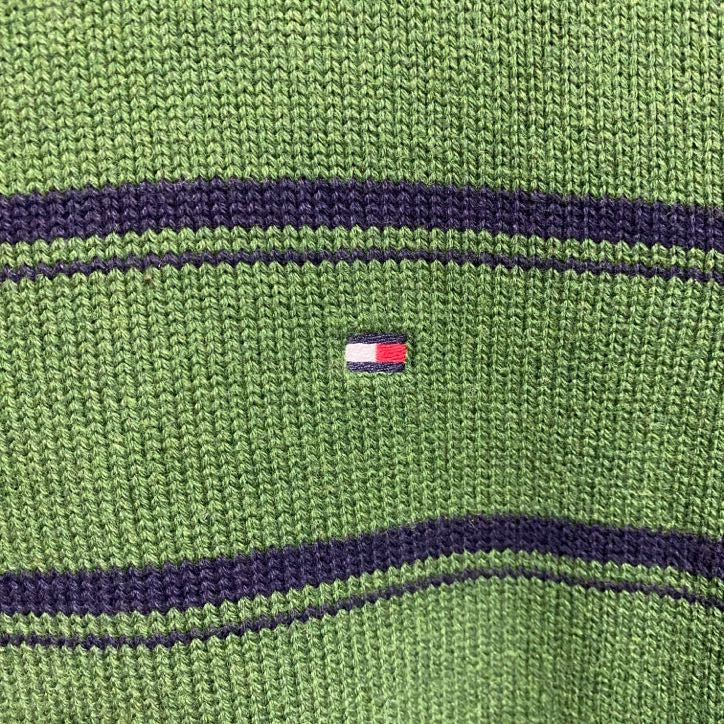 古着 used　TOMMYHILFIGER　トミーヒルフィガー　長袖ボーダー柄ニット　セーター　ワンポイント刺　緑　Sサイズ