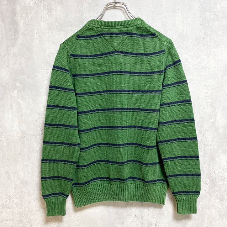 古着 used　TOMMYHILFIGER　トミーヒルフィガー　長袖ボーダー柄ニット　セーター　ワンポイント刺　緑　Sサイズ