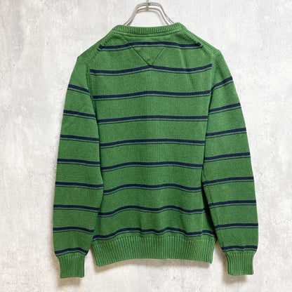 古着 used　TOMMYHILFIGER　トミーヒルフィガー　長袖ボーダー柄ニット　セーター　ワンポイント刺　緑　Sサイズ