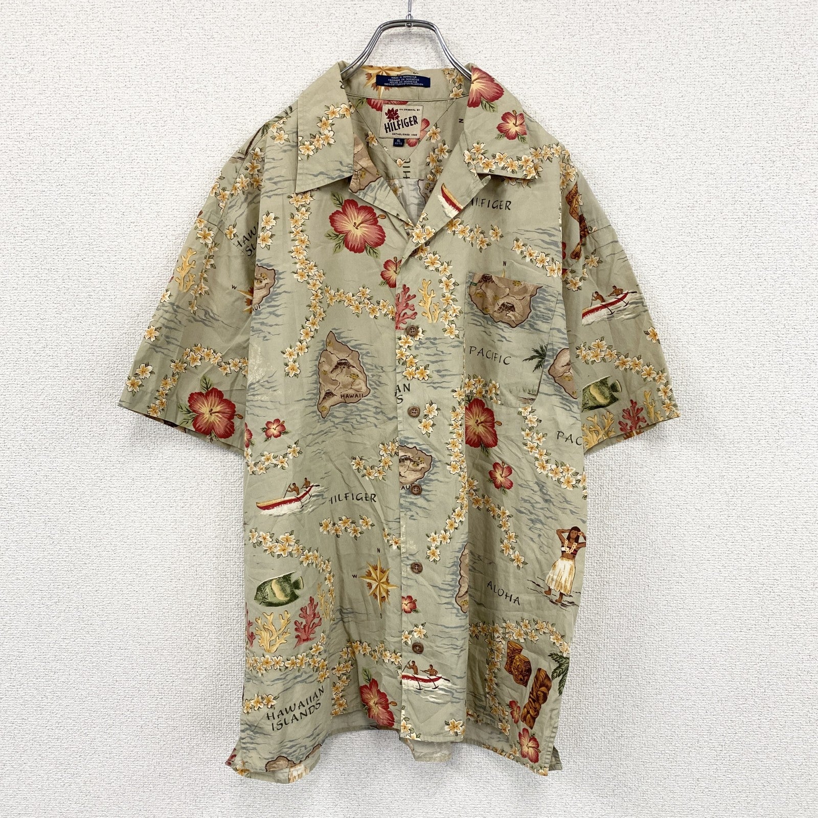 TOMMY HILFIGER　トミーヒルフィガー　半袖開襟シャツ　アロハシャツ　花柄　総柄　緑　グリーン　XLサイズ