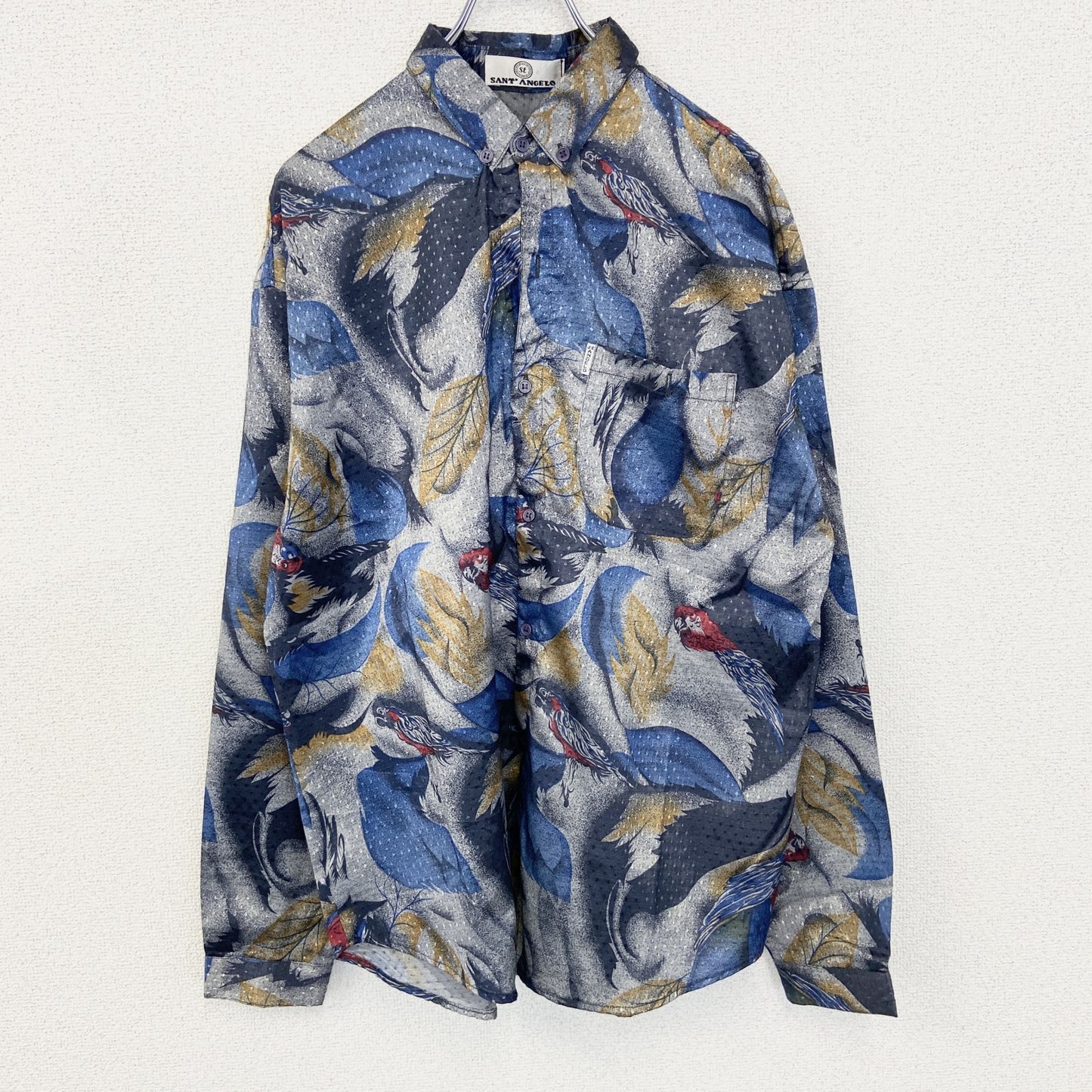 古着 used　SANT ENGELO　長袖プリント柄シャツ　鳥　羽　光沢感　総柄　レトロ　カジュアルデザイン　シルバー　Lサイズ