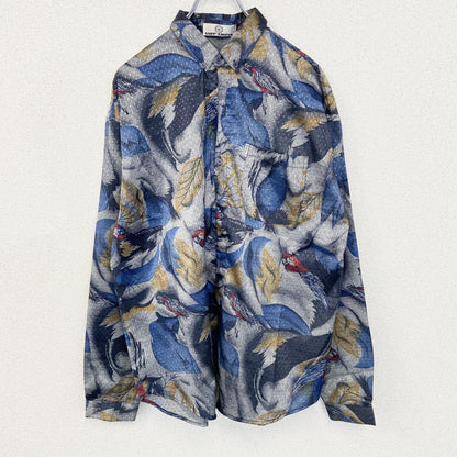古着 used　SANT ENGELO　長袖プリント柄シャツ　鳥　羽　光沢感　総柄　レトロ　カジュアルデザイン　シルバー　Lサイズ