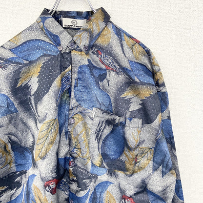 古着 used　SANT ENGELO　長袖プリント柄シャツ　鳥　羽　光沢感　総柄　レトロ　カジュアルデザイン　シルバー　Lサイズ