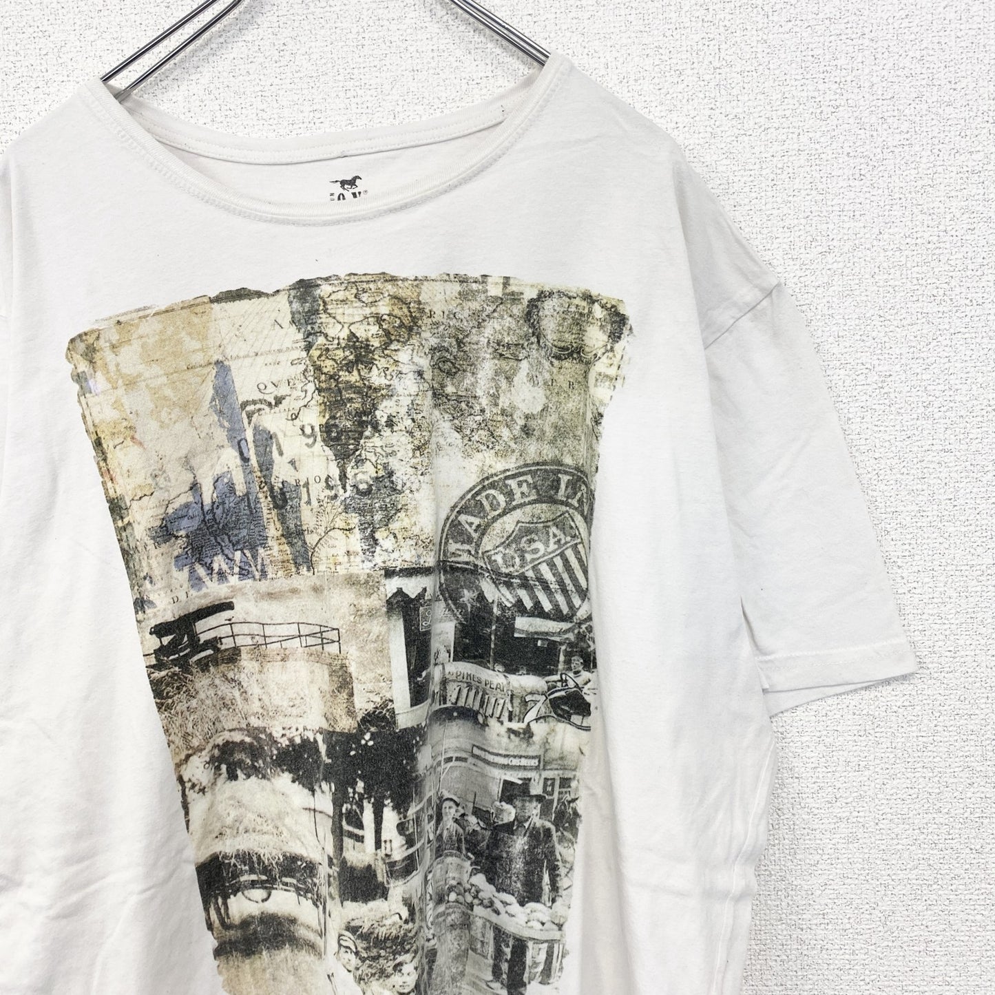 TANTUM O.N.　半袖プリントデザインTシャツ　ヴィンテージ風フォト　クルーネック　白　ホワイト
