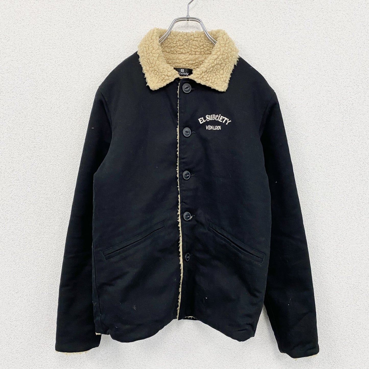 Subciety　サブサエティ　フリースジャケット/ボアデッキジャケット　アーチプリント　黒　ブラック　Mサイズ