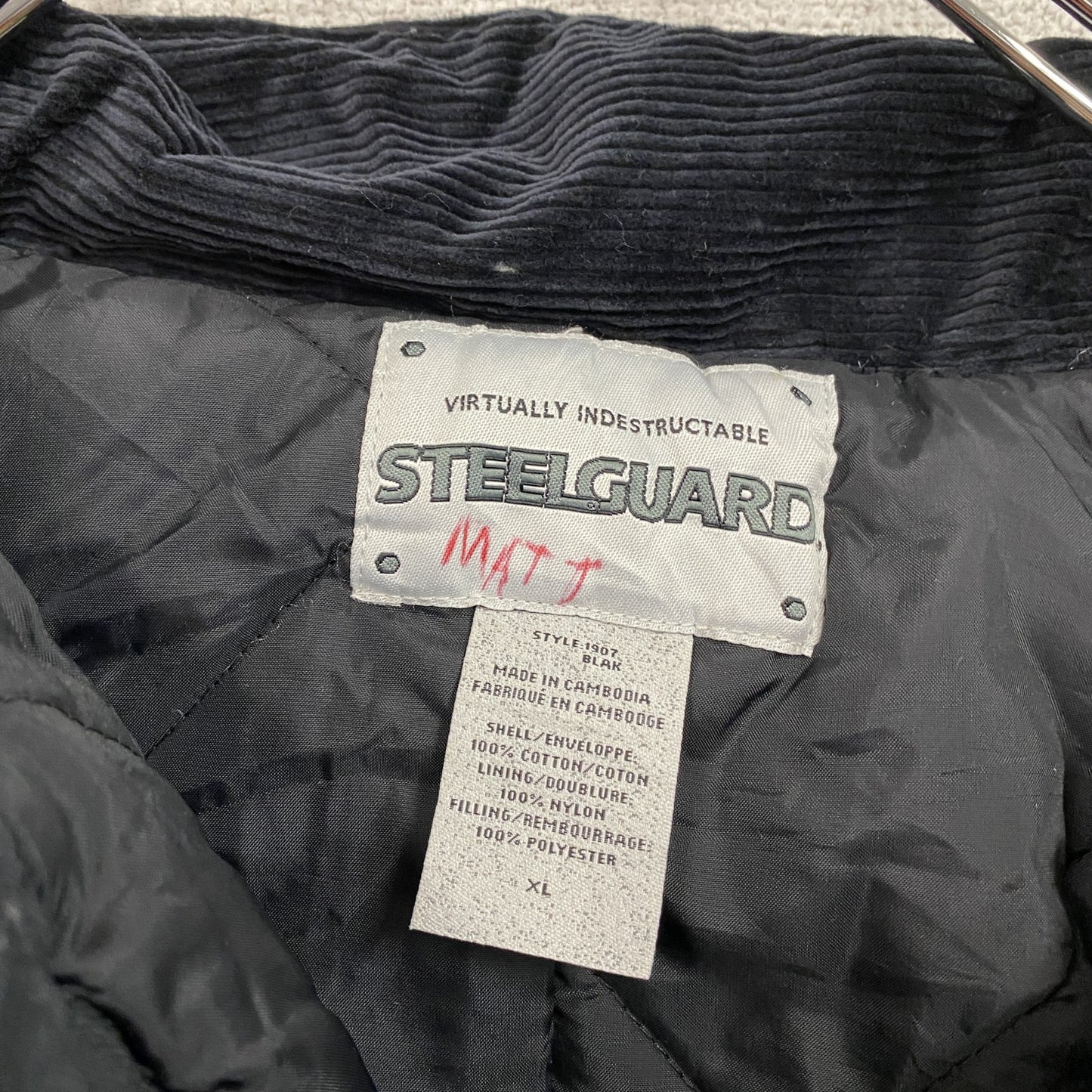 90s～　STEELGUARD　フルジップダックジャケット　中綿入り　コーデュロイカラー　黒　ブラック　XLサイズ
