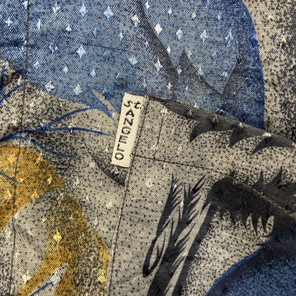 古着 used　SANT ENGELO　長袖プリント柄シャツ　鳥　羽　光沢感　総柄　レトロ　カジュアルデザイン　シルバー　Lサイズ