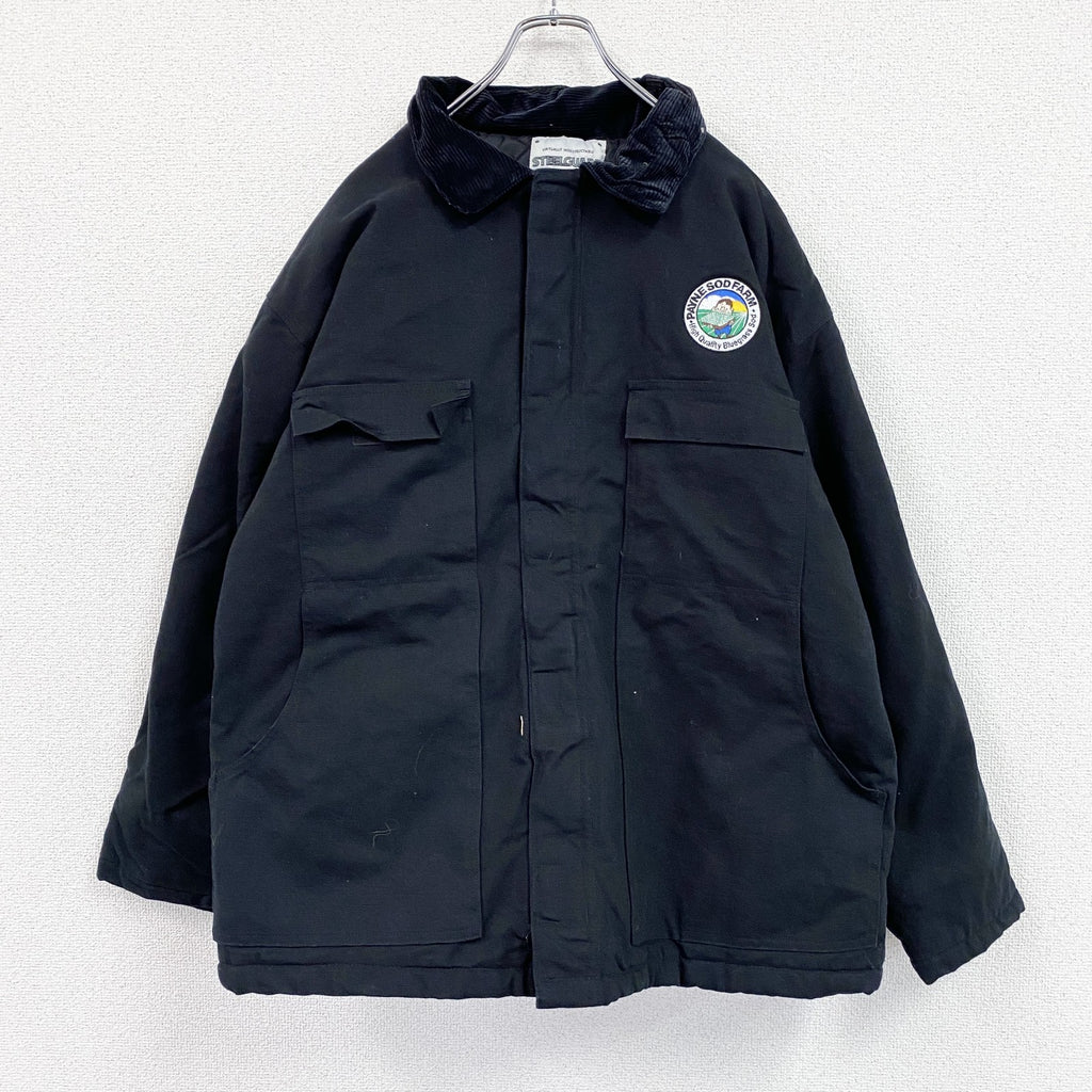 90s～　STEELGUARD　フルジップダックジャケット　中綿入り　コーデュロイカラー　黒　ブラック　XLサイズ