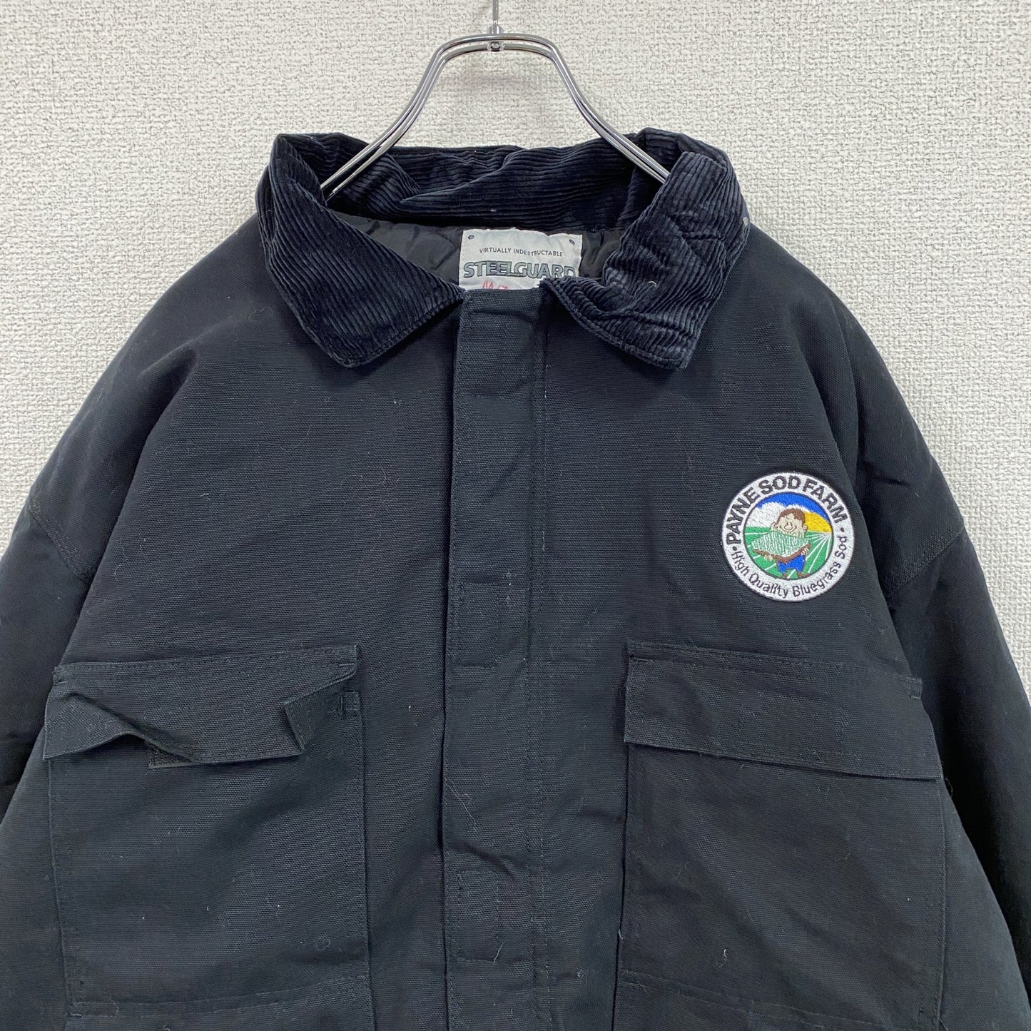 90s～　STEELGUARD　フルジップダックジャケット　中綿入り　コーデュロイカラー　黒　ブラック　XLサイズ
