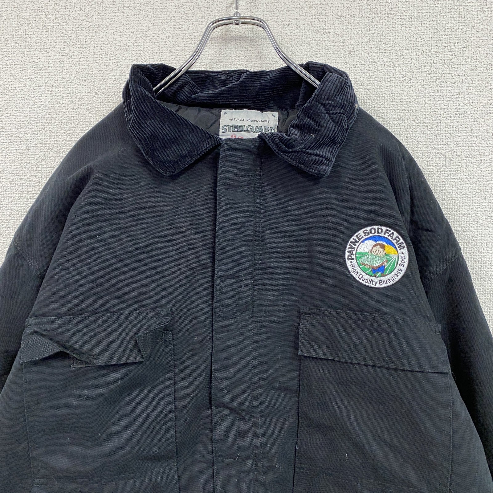 90s～　STEELGUARD　フルジップダックジャケット　中綿入り　コーデュロイカラー　黒　ブラック　XLサイズ