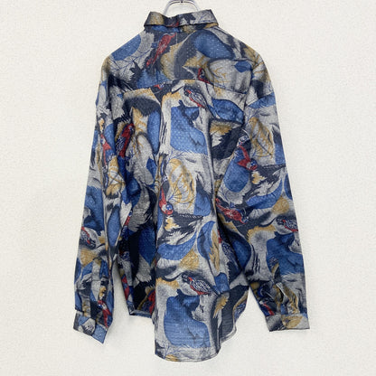 古着 used　SANT ENGELO　長袖プリント柄シャツ　鳥　羽　光沢感　総柄　レトロ　カジュアルデザイン　シルバー　Lサイズ
