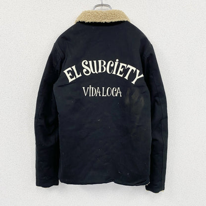 Subciety　サブサエティ　フリースジャケット/ボアデッキジャケット　アーチプリント　黒　ブラック　Mサイズ