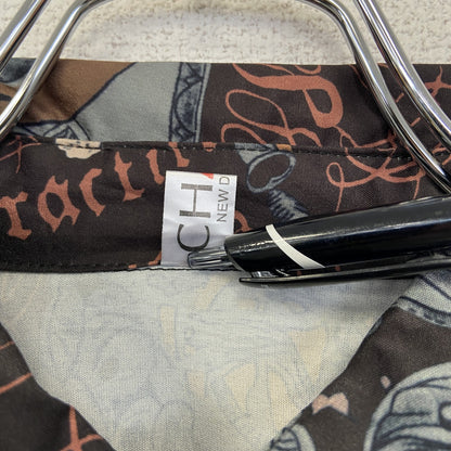 古着 used　CHASE　長袖柄シャツ　総柄　胸ポケット付き　襟付き　茶色　ブラウン　レトロデザイン　個性的　サブカル　Lサイズ