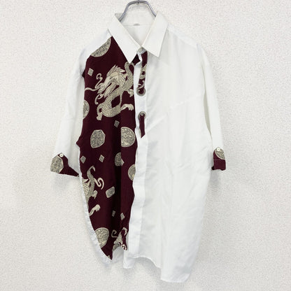 古着 used　半袖プリント総柄シャツ　レトロデザイン　チャイナ　龍　中華柄　中国　白　ホワイト　XLサイズ