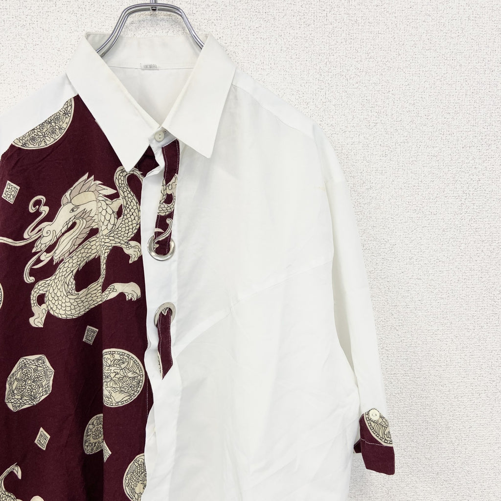 古着 used　半袖プリント総柄シャツ　レトロデザイン　チャイナ　龍　中華柄　中国　白　ホワイト　XLサイズ