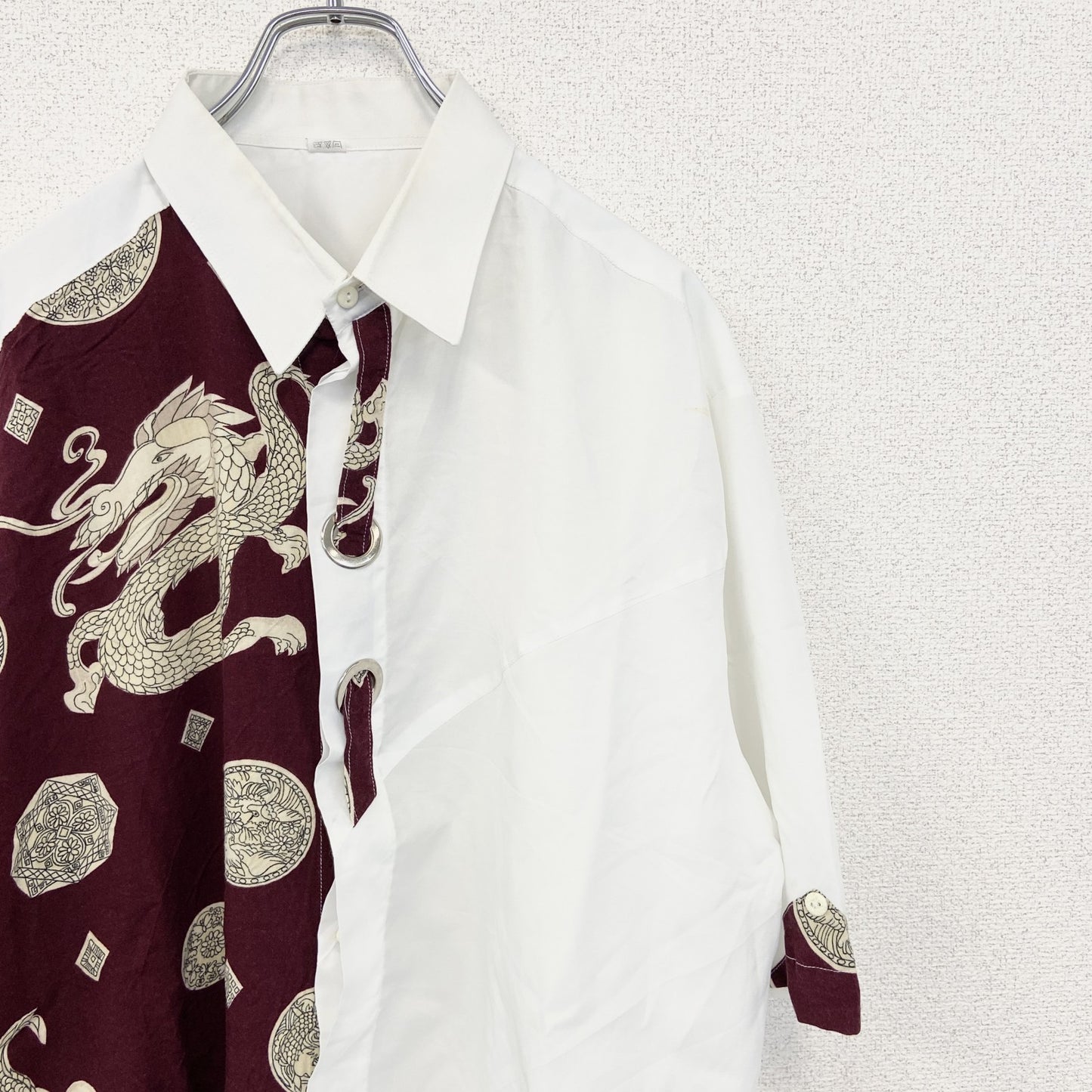 古着 used　半袖プリント総柄シャツ　レトロデザイン　チャイナ　龍　中華柄　中国　白　ホワイト　XLサイズ