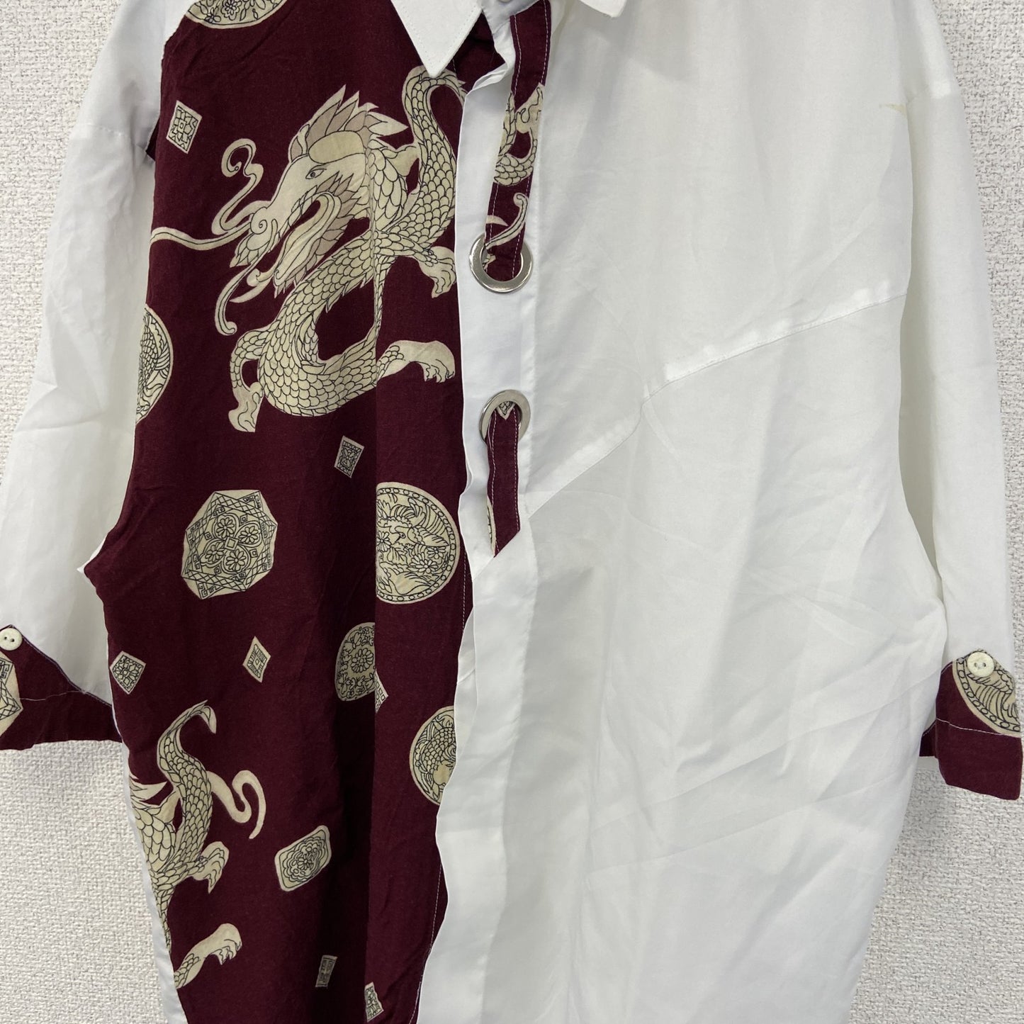 古着 used　半袖プリント総柄シャツ　レトロデザイン　チャイナ　龍　中華柄　中国　白　ホワイト　XLサイズ