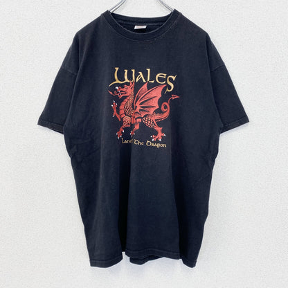 FRUIT OF THE LOOM　半袖プリントアニマルTシャツ　レッドドラゴン　英字プリント　クルーネック　黒　ブラック　XLサイズ