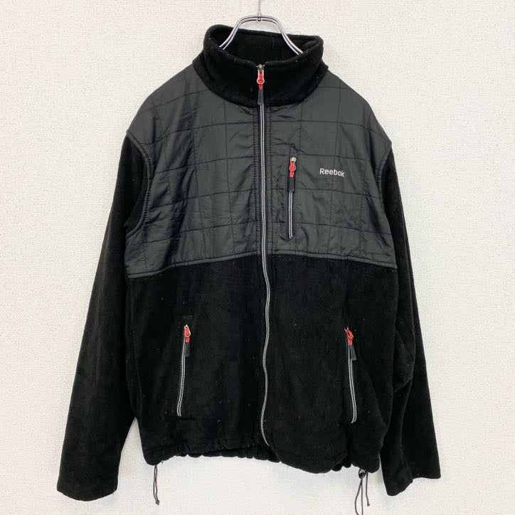 古着 used　Reebok　リーボック　長袖異素材切り替えフリースジャケット　ハイネックアウター　ロゴプリント　黒　ブラック