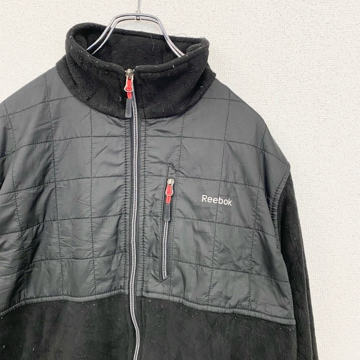 古着 used　Reebok　リーボック　長袖異素材切り替えフリースジャケット　ハイネックアウター　ロゴプリント　黒　ブラック