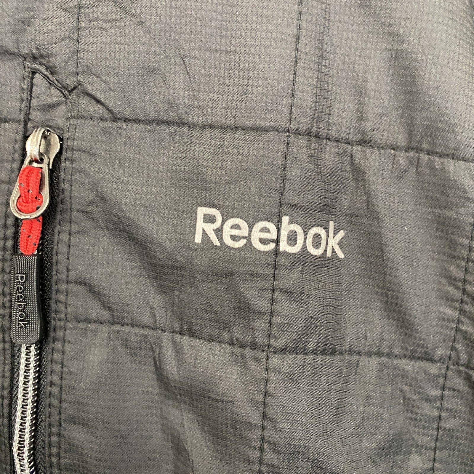 古着 used　Reebok　リーボック　長袖異素材切り替えフリースジャケット　ハイネックアウター　ロゴプリント　黒　ブラック