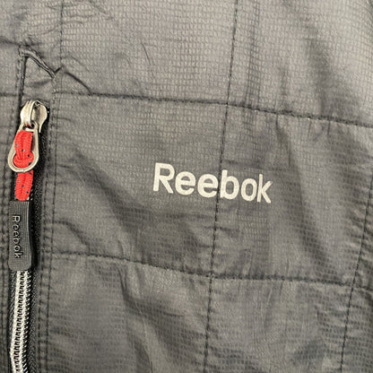 古着 used　Reebok　リーボック　長袖異素材切り替えフリースジャケット　ハイネックアウター　ロゴプリント　黒　ブラック