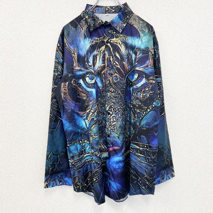 古着 used　長袖プリント柄シャツ　総柄　ア二マル　トラ　グラフィックタイガー　豹柄　派手　青　ブルー　XXXXLサイズ