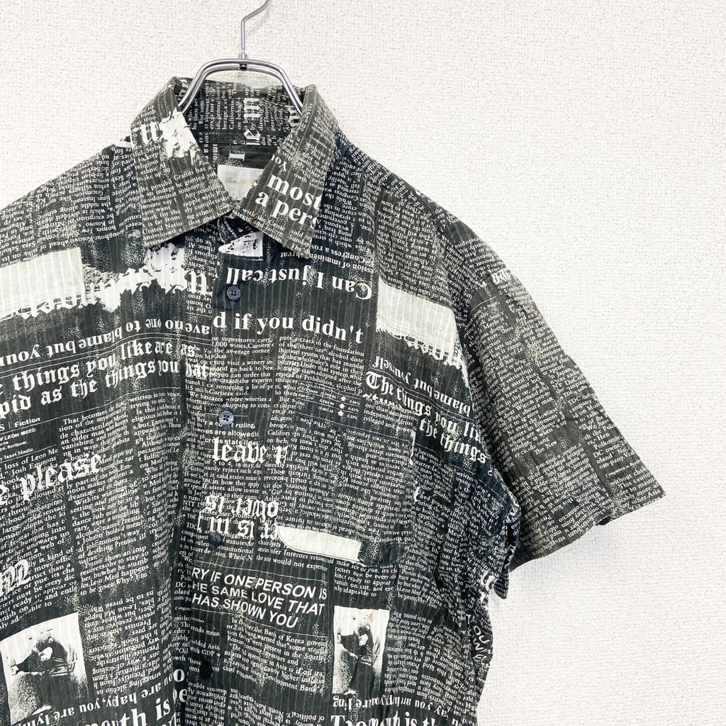 古着 used　半袖プリント柄シャツ　総柄　英字新聞　ニュースペーパー　ストリート　胸ポケット　黒　ブラック　XLサイズ