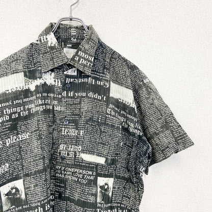 古着 used　半袖プリント柄シャツ　総柄　英字新聞　ニュースペーパー　ストリート　胸ポケット　黒　ブラック　XLサイズ