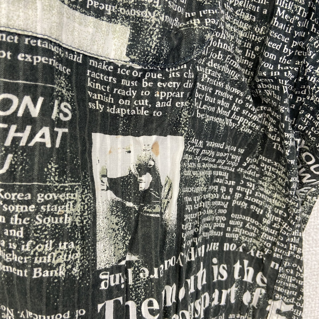 古着 used　半袖プリント柄シャツ　総柄　英字新聞　ニュースペーパー　ストリート　胸ポケット　黒　ブラック　XLサイズ