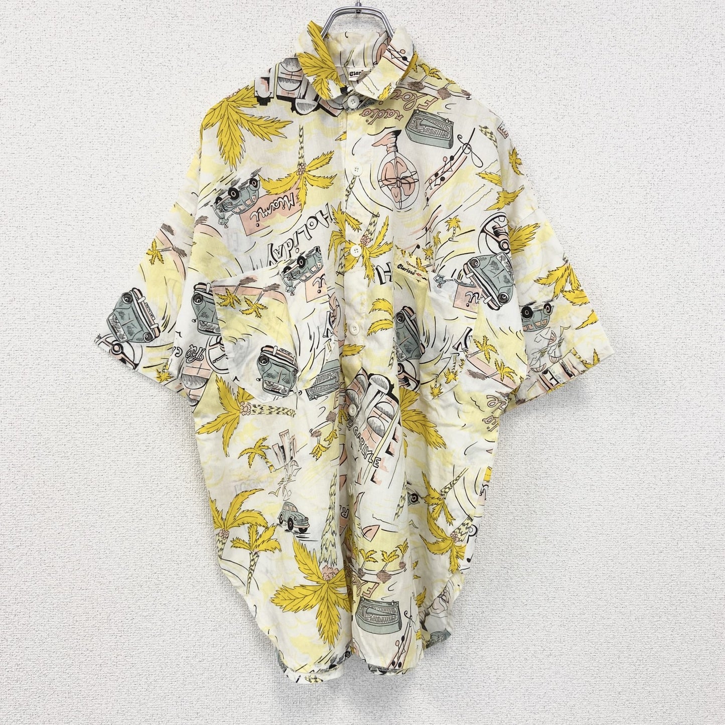 古着 used　Clarisse　半袖プリント柄シャツ　総柄　summer　Holiday　Miami　胸ポケット　ヤシの木　