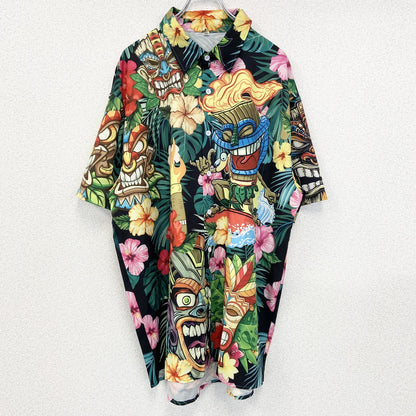 古着 used　半袖プリント柄シャツ　総柄　アロハシャツ　派手　ハワイアン　エスニック　カラフル　XXLサイズ　