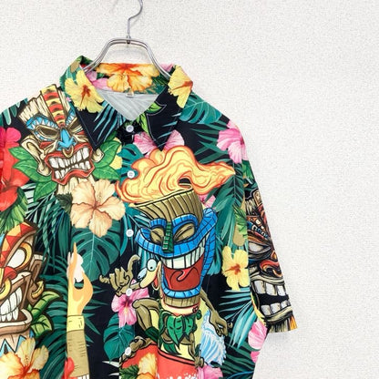 古着 used　半袖プリント柄シャツ　総柄　アロハシャツ　派手　ハワイアン　エスニック　カラフル　XXLサイズ　