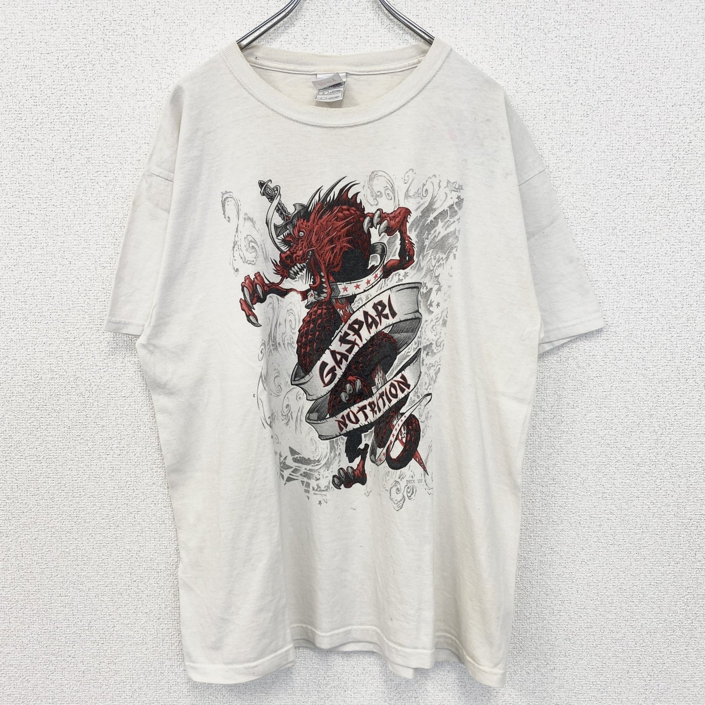 古着 used　FRUIT OF THE LOOM　半袖プリントTシャツ　ドラゴン　クルーネック　白　ホワイト　レトロ　Lサイズ