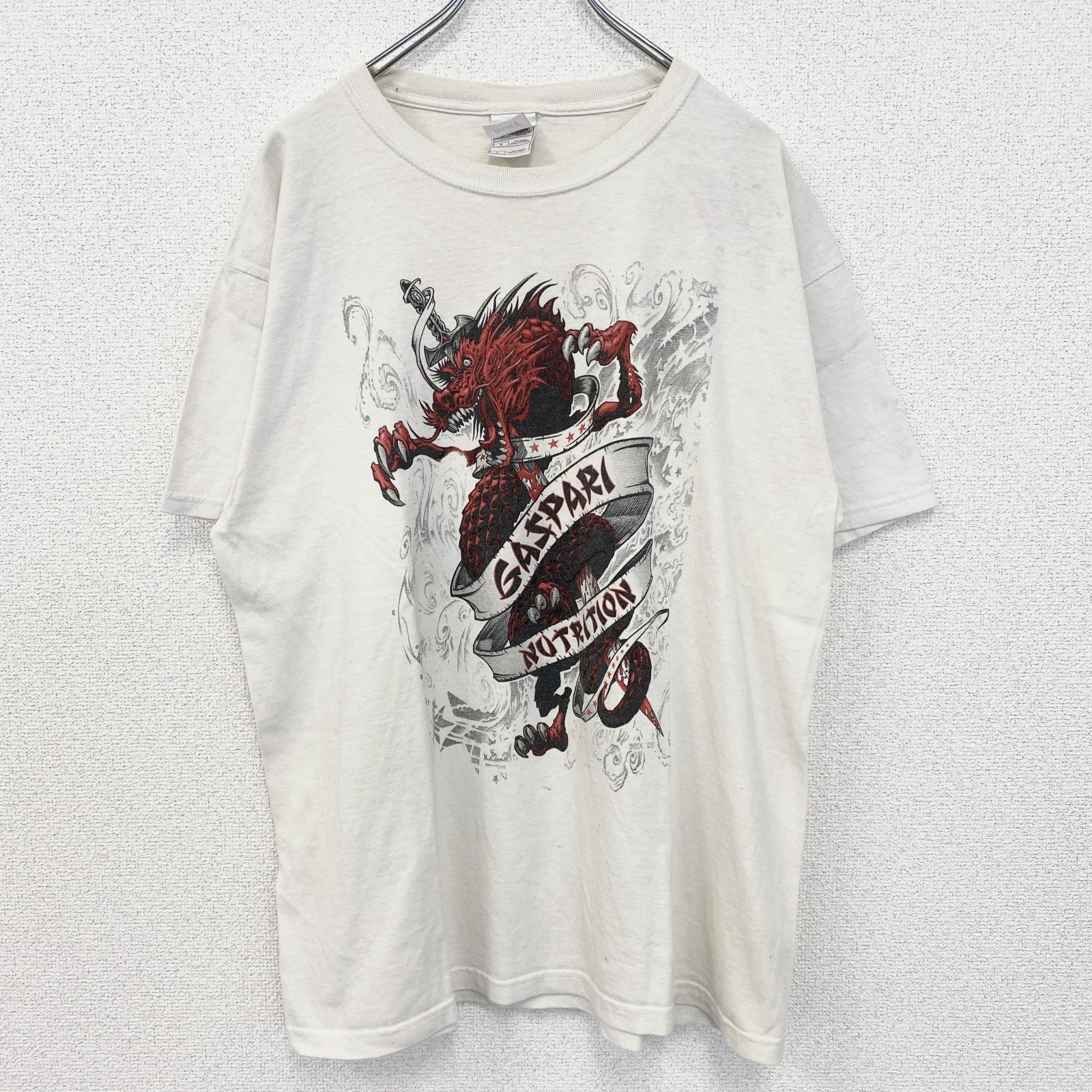 古着 used　FRUIT OF THE LOOM　半袖プリントTシャツ　ドラゴン　クルーネック　白　ホワイト　レトロ　Lサイズ