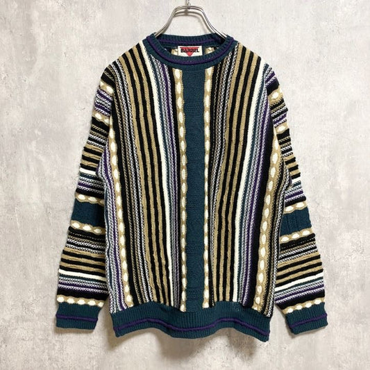 古着 used　～90s　BARREL　バレル　長袖ストライプ柄ニット　セーター　クルーネック　USA製　マルチカラー　XLサイズ