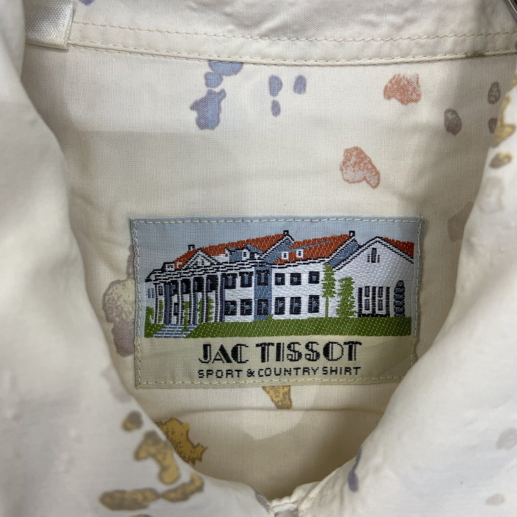 古着 used　半袖プリント柄シャツ　胸ポケット　レトロデザイン　カジュアル　絵具　カラフル　幾何学模様　ベージュ