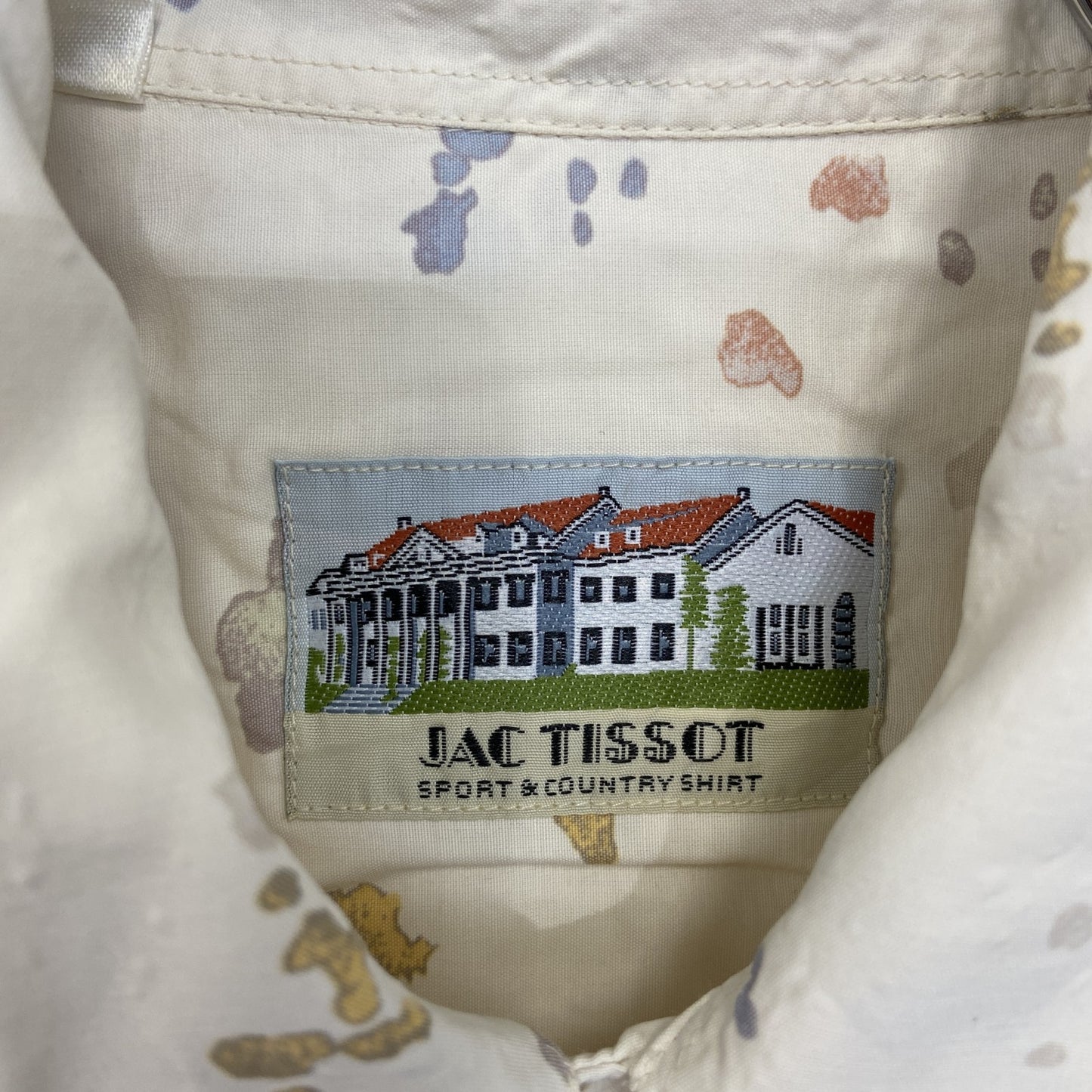 古着 used　半袖プリント柄シャツ　胸ポケット　レトロデザイン　カジュアル　絵具　カラフル　幾何学模様　ベージュ