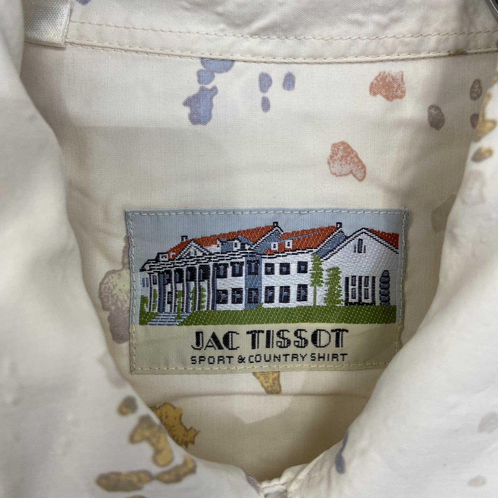古着 used　半袖プリント柄シャツ　胸ポケット　レトロデザイン　カジュアル　絵具　カラフル　幾何学模様　ベージュ
